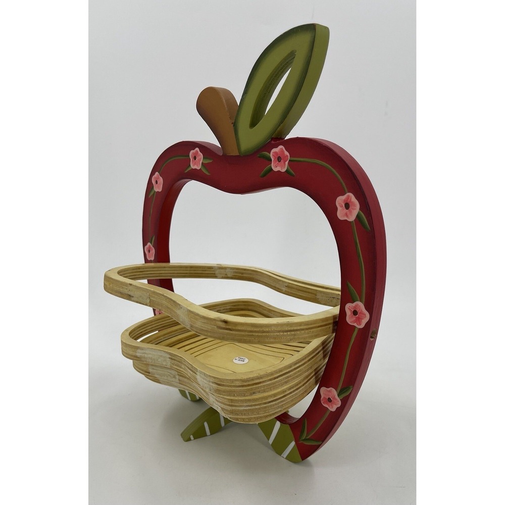 Wooden Apple Heart Collapsible Fruit Basket Vintage Red Hand Painted New‎ NWOT